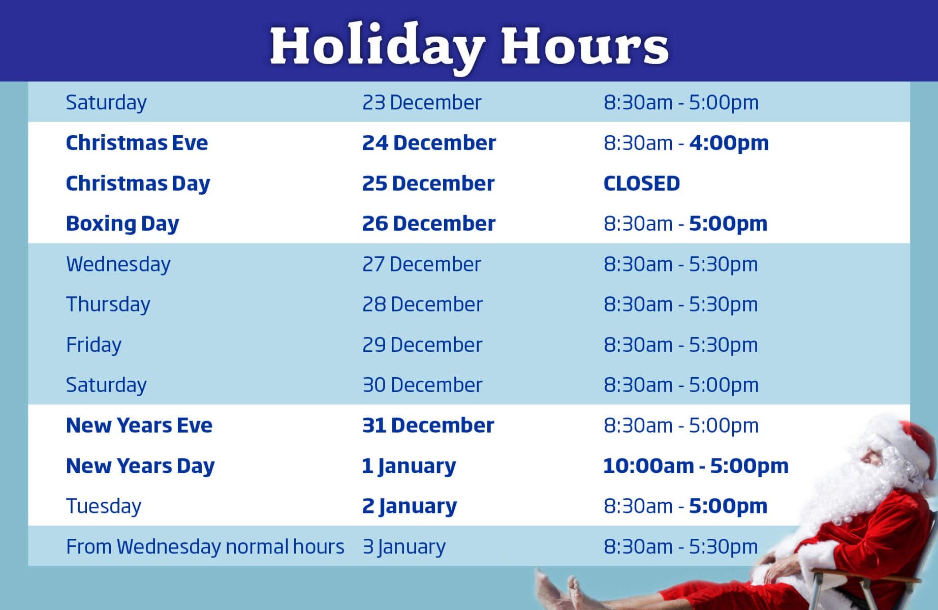 Xmas Opening hours